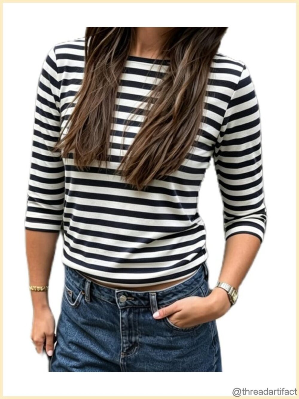 Womens 3/4 Sleeve Striped Boat Neck French Breton Stripe Casual Tee Slim Fit